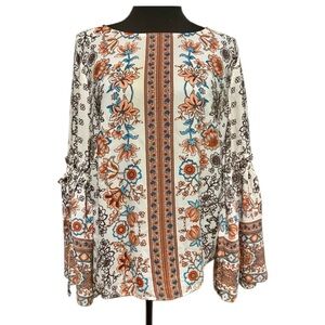 Rose & Olive Floral Boho Blouse - Cream, Brown, Blue, Orange NWOT